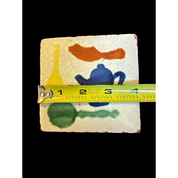 2 antique tile handpainted tiles Pumpkin Pitcher Kitchen Decor 4”x4” - Picture 10 of 15